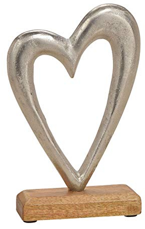 Spetebo Metall Herz in Silber auf Mango Holzfuß - 21x14x5 cm - Tisch Deko Herz Skulptur