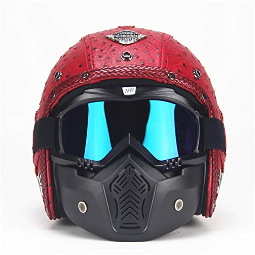 MRDEAR Jethelme Damen Rot Retro Motorradhelm Vintage mit Visier Brille Maske, Motorrad Rollerhelm Handgemachtes PU-Leder Mofa-Helm Scooter-Helm Roller Chopper Vespa,S