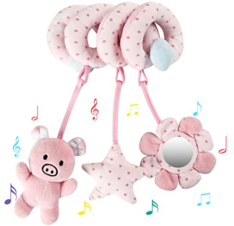 vocheer Autositz Spielzeug für Babys 0-6 Monate Hängende Rassel Bouncer Spielzeug für Krippe Mobile, Kleinkind Spirale Plüsch Kinderwagen Spielzeug, Mädchen Rosa Schwein