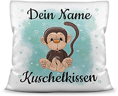 PR Print Royal Kissen mit Füllung für Kinder - Tiermotiv AFFE - für Mädchen und Jungs - mit Wunschname beschriften - AFFE - Kissen Polyester - Weiß flauschig, 40 x 40 cm
