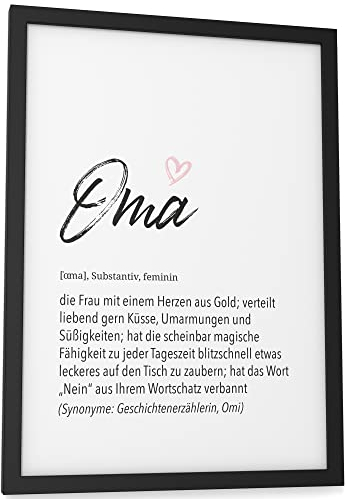 Papierschmiede® Herz Definition: Oma, A4 fertig gerahmt (Rahmen: Material und Farbe wählbar), Wandbild für Wohnzimmer, Schlafzimmer Wanddeko, Poster Geschenk Geburtstag Jahrestag