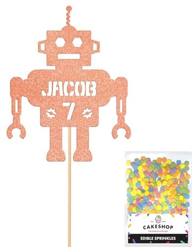 Personalised Birthday Space Robot Glitter Cake Topper Rose Gold Any Custom Age & Name Glitter Cake Decoration and Sprinkles - Happy Birthday Decorations - Personalised Toppers for Cakes by Cakeshop