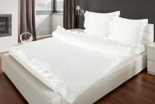 MB Warenhandel24 Bettwäsche Romantische Rüschen Exklusiv Doppel Rüschen mit Spitzenbesatz Weiss hochwertige Renforcé-Bettwäsche 1x 135x200 Bettbezug + 1x 80x80 Kissenbezug