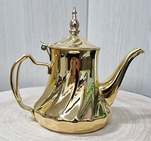 Théière arabe fabriquée en acier inoxydable avec filtre intégré authentique traditionnel, modèle gravé avec design classique arabe doré, 48 oz