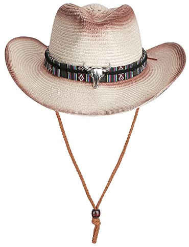 Unisex Straw Cowboy Hat with Chin Strap Men Women Retro Western Cowboy Riding Hat Wide Brim Summer Beach Travel Sun Hat Shapeable Foldable Straw Fedora Hat 56-58CM (UK, Numeric, 7, 7 1/4, Beige+Brown)
