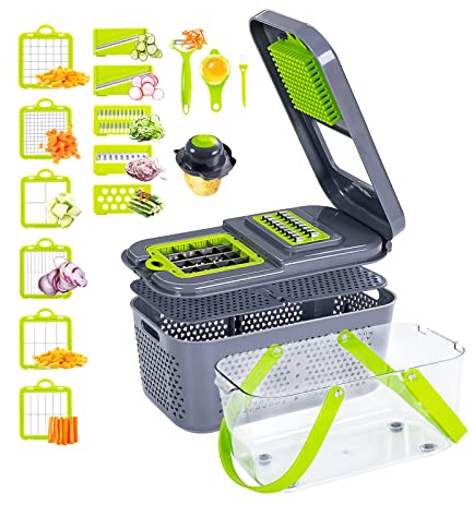 Irishom 22 in 1 Vegetable Chopper Kitchen Vegetable Cutter, Vegetable Mandoline Slicer with 13 Adjustable Blades, Vegetable Slicer Food Chopper Kitchen Grater Chopper with Container