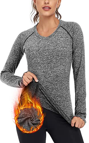 Soneven Funktionsshirt Damen Langarm Winter Fleece Thermo Laufshirt Sportshirt Damen Langarm Warmer Pullover V Ausschnitt Herbst Thermoshirt Langarmshirts mit Daumenlöche VI-Schwarz XL