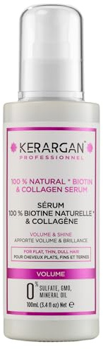 Kerargan - Volumenbildendes Haarserum mit Biotin & Kollagen - Für Feines, Plattes, Mattes Haar - Glanz und Stärkung - Ohne Sulfate, GMO, Mineralöl - 100ml | Das Haarserum glättet Frizz, schützt feine Spitzen und verleiht sichtbar mehr Volumen und Glanz