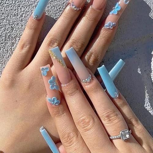 Vebonny rose bleu long cercueil clou feuille d'or fleur dégradé Vert strass Design Ballerina acrylique bâton charmant faux ongles ensemble vebonny FN-lt078