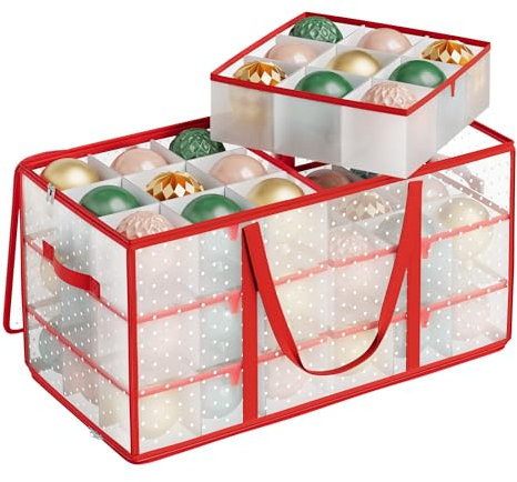 SONGMICS Large Christmas Decoration Storage Box, 10.2 cm 54 Slots, Plastic Christmas Bauble Storage Box with Lid, Dual Zippers, 6 Trays, Side Handles, Cherry Red RFB030T01