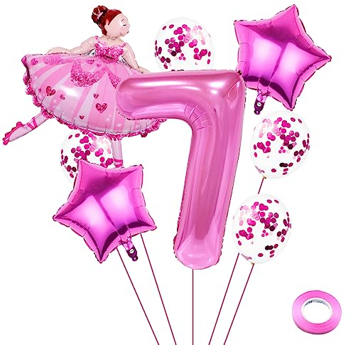 Weenkeey 7 Jahre Ballett Geburtstag Deko Große Ballerina Luftballon 7. Geburtstag Ballett Folienballon Rosa Zahl 7 Luftballon für Mädchen Geburtstag Party