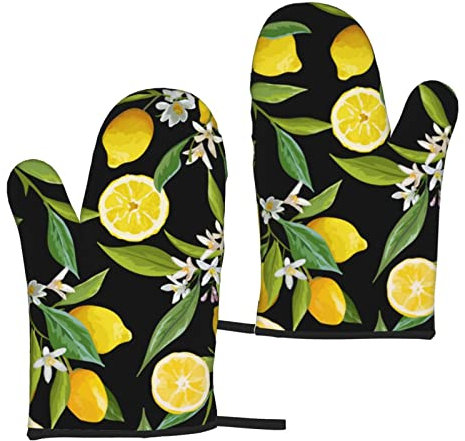 Heat Resistant Oven Gloves Sets Of 2 - Yellow Lemon Printed Kitchen Non-Slip Microwave Oven Mitts 1 Pair For Baking Cooking Bbq