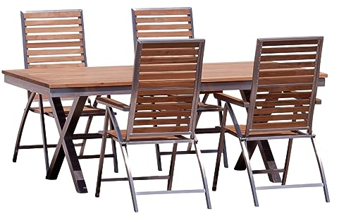 ALEOS. Gartengarnitur Edelstahl Teak Set: Ausziehtisch 200-260x100 cm + 4 Teak-Edelstahl Hochlehner, Sitzgruppe A-Grade Teak Holz - Serie Nassau - Gartenmöbel Set 4 Personen Gastronomie Qualität