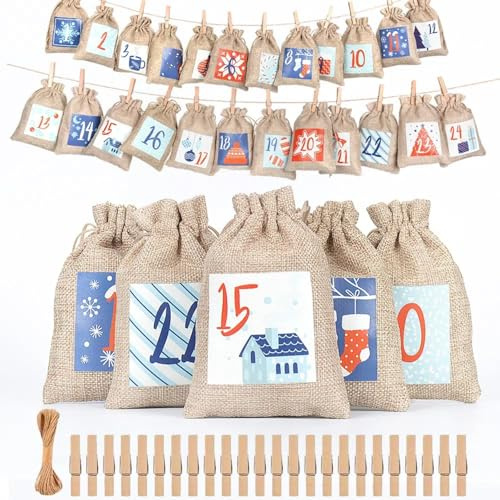 Christmas Advent Calendar Bags, 24 Days Countdown Burlap bags Hanging Advent Calendar Gift Favors for Xmas Decorations (Blue)