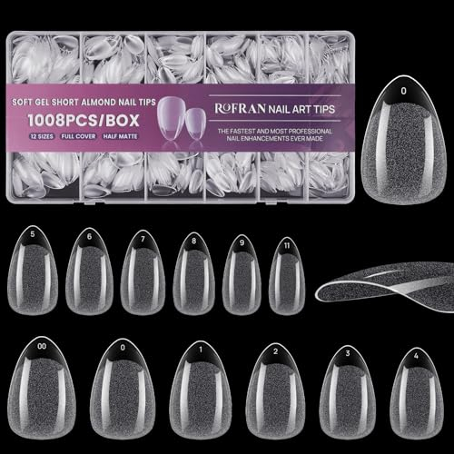 JUSTOTRY 1008 Pcs Court Capsules Ongles Gel,Pre-shaped Half Mat Amande Nails Tip Set, Soft Gel Capsules Americaine Ongles pour Femmes,Faux Ongles Tip pour DIY French Nail Dessin