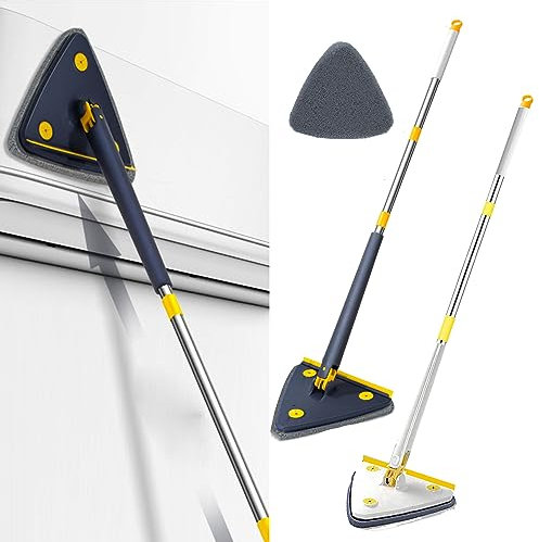 Hooha Wischmopp Dreieck Fensterwischer Mit Auswringfunktion, 360°DrehbarerTelescope Stange 127cm mit Abzieher und 2 Mikrofaserbezug (Blau) für für Fenster/Glas/Boden/Badezimmer