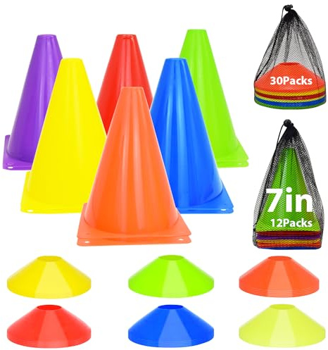 Tialero 42/84Pcs Soccer Cones Set, 12Pcs 7 Cones Sports with 30Pcs Disc Cones & Mesh Bag, Soccer Cones for Training, Cones for Sports Training, Soccer Training Cones(42 Packs, Multicolor)
