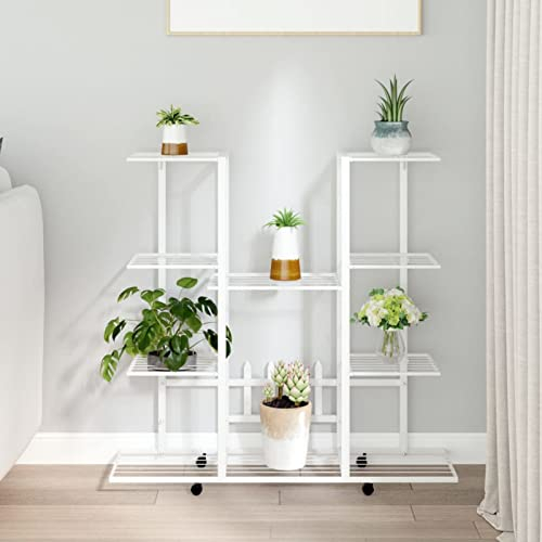 Homgoday Blumenständer mit Rollen Blumenregal Pflanzenständer Pflanzenregal Blumenbank Blumentreppe Pflanzentreppe Standregal für Wohnzimmer Garten Balkon 94,5x24,5x91,5 cm Weiß Eisen