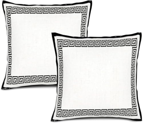 POMOTER 2 Stück griechische Schlüssel schwarz Wurfkissenbezug mit geometrischem Hintergrund Home Dekorative quadratische Kissenbezüge Baumwolle Leinen Home Decor Palm Kissenbezug 45,7 x 45,7 cm