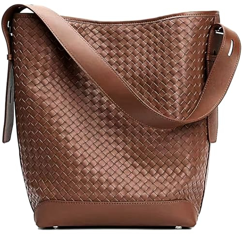 DSGUTWO Große Leder-Tragetasche für Damen, übergroße gewebte Eimer-Handtasche, stilvolle Reise-Geldbörse, elegante Schultertasche mit Tragegriff oben, Tiramisu
