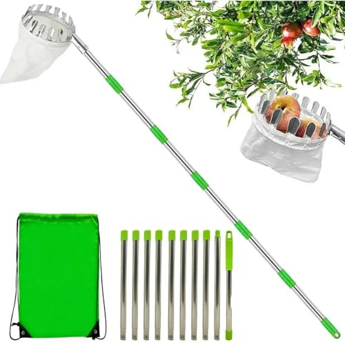 RATSTONE Cueille Fruit Telescopique,Cueille Fruit,Cueilleur de Fruits Amovible,4.2m Ramasse Fruit de INOX,avec Manche Télescopique Léger en Acier Inoxydable pour Fruits Pomme Orange, Peu Encombrante