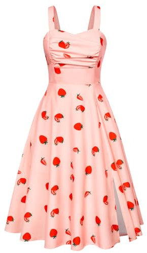 Damen Midikleid Sommer Spaghetti Blumenkleid A-Linie Partykleid Elegant Strandkleid Rosa M