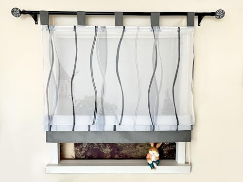 Devola Raffrollo mit Schlaufen Gardine mit Wellendruck Raffgardine Voile Transparent Schlaufenrollos für Fenster Küchenvorhang Modern Fenstervorhänge Wohnzimmer HxB 140x100cm Grau 1 Stück