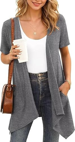 YGJIEGENG Summer Women's Cardigans, Short Sleeve Cardigan for Women UK | Lightweight, Open Front, with Pockets, Waterfall Cardigan, Casual Soft, Breathable, Plus Size, Going Out, Work, Daily Wear