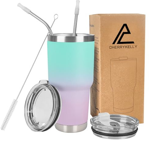 CherryKelly 30oz (850ml) Insulated Travel Tumbler Mug Stainless Steel Vacuum Coffee Cup with 2 Leak-Proof Lids & Straws, BPA-Free, Hot & Cold, Commute, Gym, Office - CyanBlue&Violet