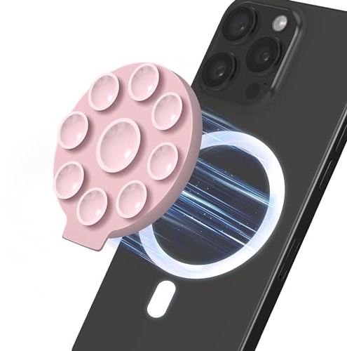 Seltureone Magnetic Silicone Suction Cup Compatible with iPhone 15/14/13/12 Series, with Metal Ring for Other Phone Models, Phone Suction Pad for Selfies and Videos with Strong Adhesion - Light Pink