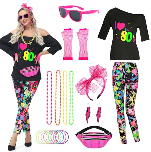 TOLOYE 80s Fancy Dress for Women, 80s Costume Outfit with Neon Accessories, 1980s T Shirt Pantalon Fanny Pack, 80s Disco Fancy Dress, 80's Vintage Hippie Costume for Carnival Party