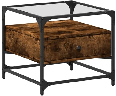 vidaXL Table Basse avec Dessus en Verre chêne fumé 50x50x45 cm Acier, Table d'appoint, Table de Salon, Table à thé, Bout de canapé, Table d’extrémité