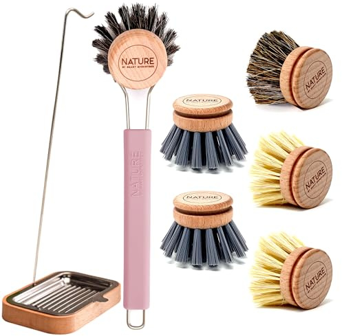 XL Spülbürste Set | Spülbürste - austauschbaren Bürstenkopf | Bürstenständer | 2X Kaktus, 2X Rosshaar, 2X. Kunststoff | nachhaltig, stilvoll abwaschen, spülen | Holz, Silikon, Edelstahl (rosa)