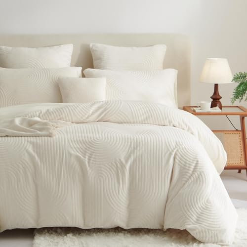 Tospass Plüsch Bettwäsche 200x220cm Beige Jacquard Flanell Samt Biber Bettbezug Warme Cashmere Touch Flauschig Deckenbezug Coral Fleece Winterbettwäsche mit Reißverschluss und 2 Kissenbezug 80x80cm