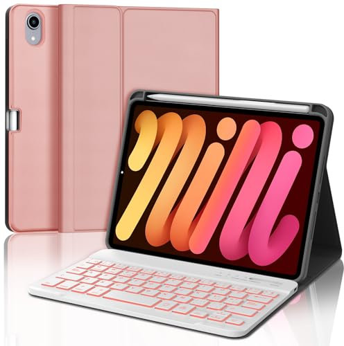 IVEOPPE Teclado iPad Mini 7, Teclado iPad Mini 6, Funda iPad Mini 7 con Teclado, Español Ñ, Funda Teclado Retroiluminados Bluetooth Desmontable para iPad Mini 7/6 8.3 2024/2021, Oro Rosa