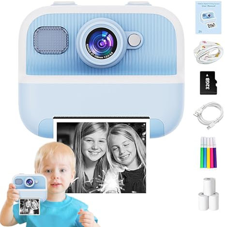 Kids Camera Instant Print, 1080P HD Digital Camera with 32GB Card & 3 Rolls Photo Paper, Instant Camera Toys, Cute Children Camera for Boys Girls Kids