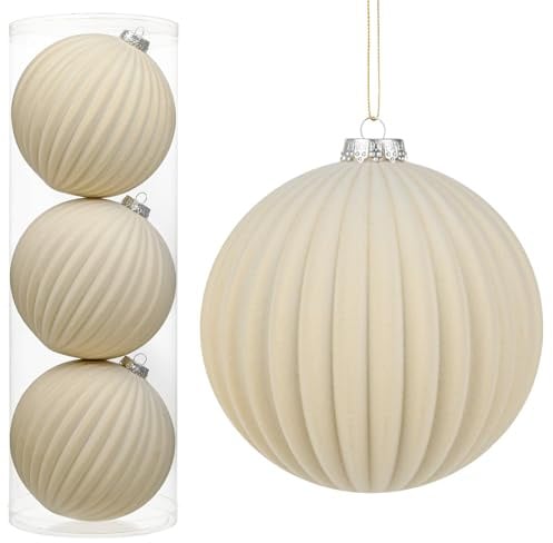 Hollyone 3 Stück Große Weihnachtskugeln aus Samt Weiß, 15cm Flockige Christbaumkugeln, Bruchsicherer Dekorativer Hängende Ornamente für Weihnachtsbaum Feiertage Party Weihnachtsdeko