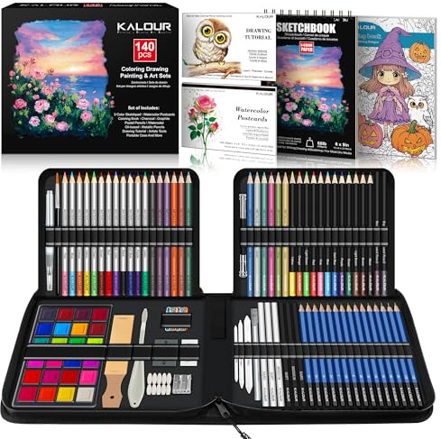 KALOUR 140 Drawing Set Sketching Kit, Art Supplies with 3-Colour Sketchbook & Colouring Paper, Includes Tutorial, Coloured, Graphite, Charcoal, Watercolour & Metallic Pencils, for Artists Beginner