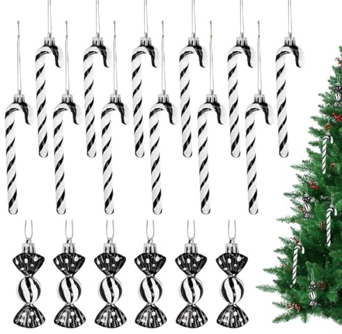 18 Stück Zuckerstangen Weihnachtsbaum Deko Christbaumschmuck Weihnachtsbaumschmuck Schwarz und Weiß Tannenbaumschmuck Bonbon Weihnachtsdeko Zuckerstangen Baumschmuck Glitzer Weihnachtsanhänger Deko