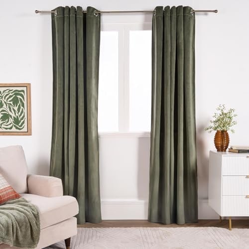 OHS Velvet Curtains for Living Room, Ultra Soft Thermal Insulated Eyelet Curtains for Bedroom Light Blocking Room Darkening Home Decoration Curtain 2 Panels, Woodland Green - 66 x 90