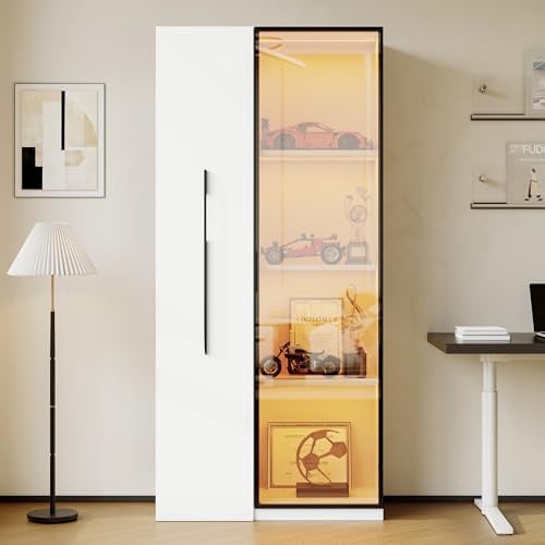 LANTRO JS Schaukasten Vitrine, Glas Vitrine mit Rollen und Beleuchtung, Multifunktions Vitrinen mit Türen aus Gehärtetem Glas, Türrahmen aus Aluminium, 1 Tür, 1 Seitliche Schublade, weiß