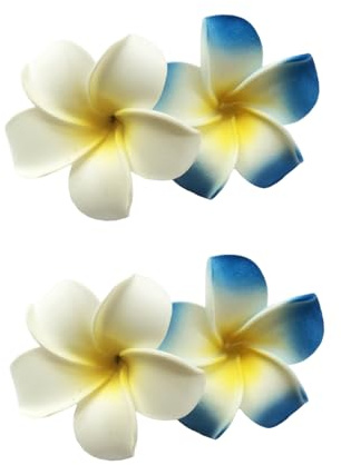 Hawaiianische Frangipani-Plumeria-Clips und Haarspangen, Schaumstoffkopf, Blume, Party, Strand, Haarspange, Haarschmuck, Haarschmuck, 7 cm, 4 Stück (weiß + blau)