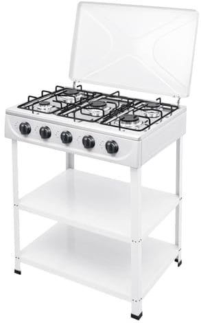 DunleyMin Fornello a gas a 5 fiamme, per esterni, con supporto per gambe di supporto e copertura antivento, piano cottura a gas indipendente per camper, appartamento, cucina all'aperto (bianco)