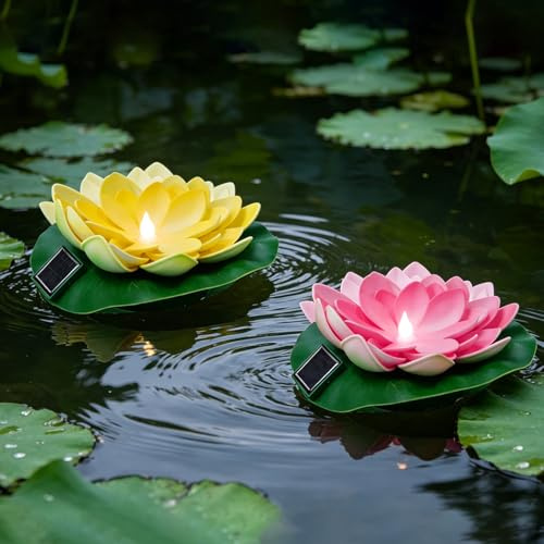 Lotus Laterne,2 Stück Schwimmende Lotuslichter,Solarlampen für Außen | Nachtlampe Lotusblüte Lotusblatt Teichlicht,Solar Lotusblüte,Schwimmende Teichdeko,für Pool Gartenteich Brunnen Beet