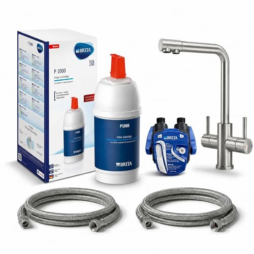 VANTO INOX 3 Wege Wasserhahn Küche Set – Edelstahl 304 Küchenarmatur Hochdruck – Untertisch Wasserfilter Trinkwasserfilter mit BRITA P1000, Filterkopf Schläuchen & Adapter | L-Auslauf