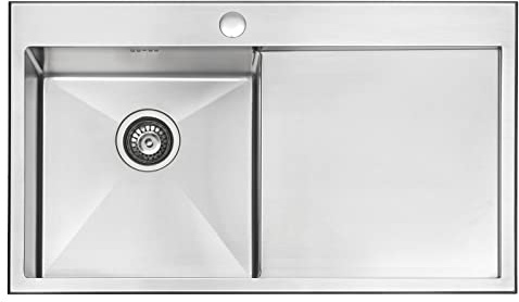 JASSFERRY 16 Gauge Stainless Steel Kitchen Sink 1 Bowl Right Hand Drainer 860 x 510 mm