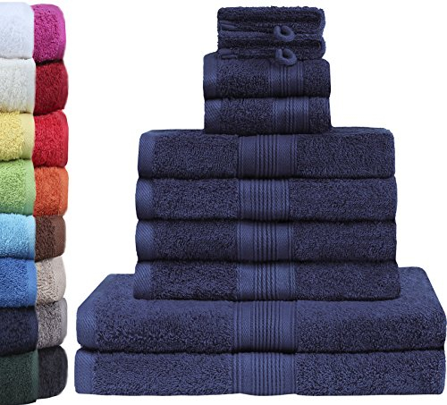 GREEN MARK Textilien 10 TLG. FROTTIER Handtuch-Set mit verschiedenen Größen 4X Handtücher, 2X Duschtücher, 2X Gästetücher, 2X Waschhandschuhe | Farbe: Navy blau | Premium Qualität