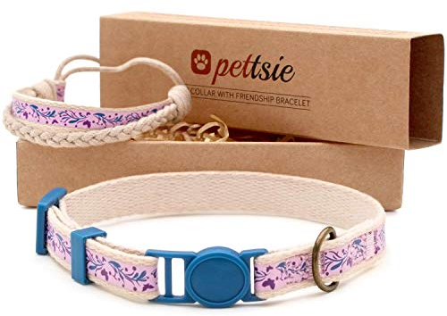 Pettsie Katzenhalsband und Freundschaftsarmband Set, Sicheres Design mit Weicher Baumwolle, D-Ring für Zubehör, Einfach Einstellbare Größe 19-29 cm, Lila