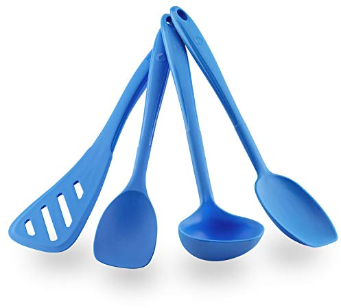 Kochblume Küchenhelfer-Set - Design-Schlitzwender L & Soßenlöffel L & Schöpfkelle L & Flexlöffel L 4er Set | Premium-Silikon | Hitzbeständig | Spülmaschinenfest | Farbe: blau