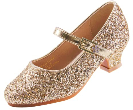 EIGHT KM Mädchen High Heel Kleid Schuhe Mary Jane Prinzessin Hochzeit Pump Schuhe EKM7015 Sparkle Glitter Crystal Gold Größe EU 36